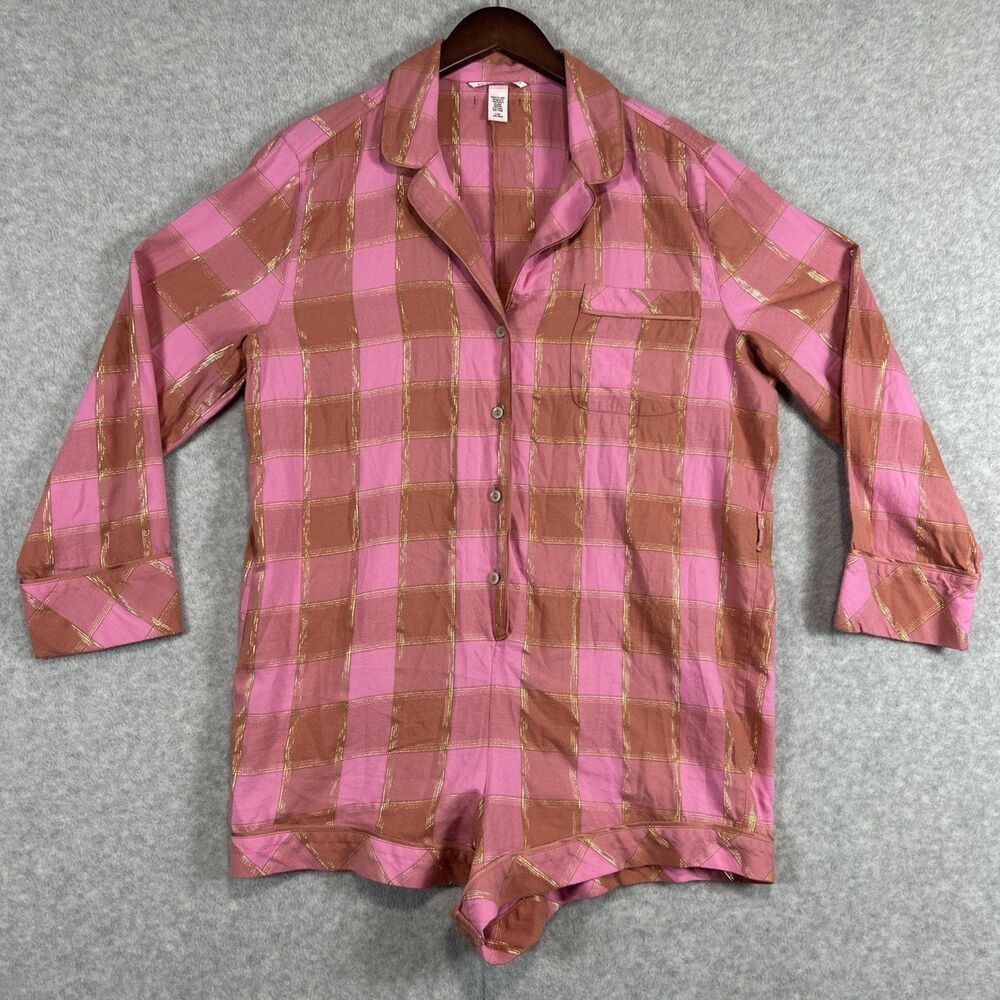VICTORIA SECRET | Women’s Rose Blush Pink Gold Plaid Flannel Romper size L Cozy - Picture 2 of 8